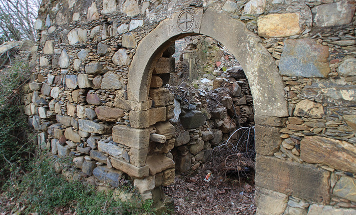 AGED PLANE TREES AND THE RUINS OF AN OLD HOUSE